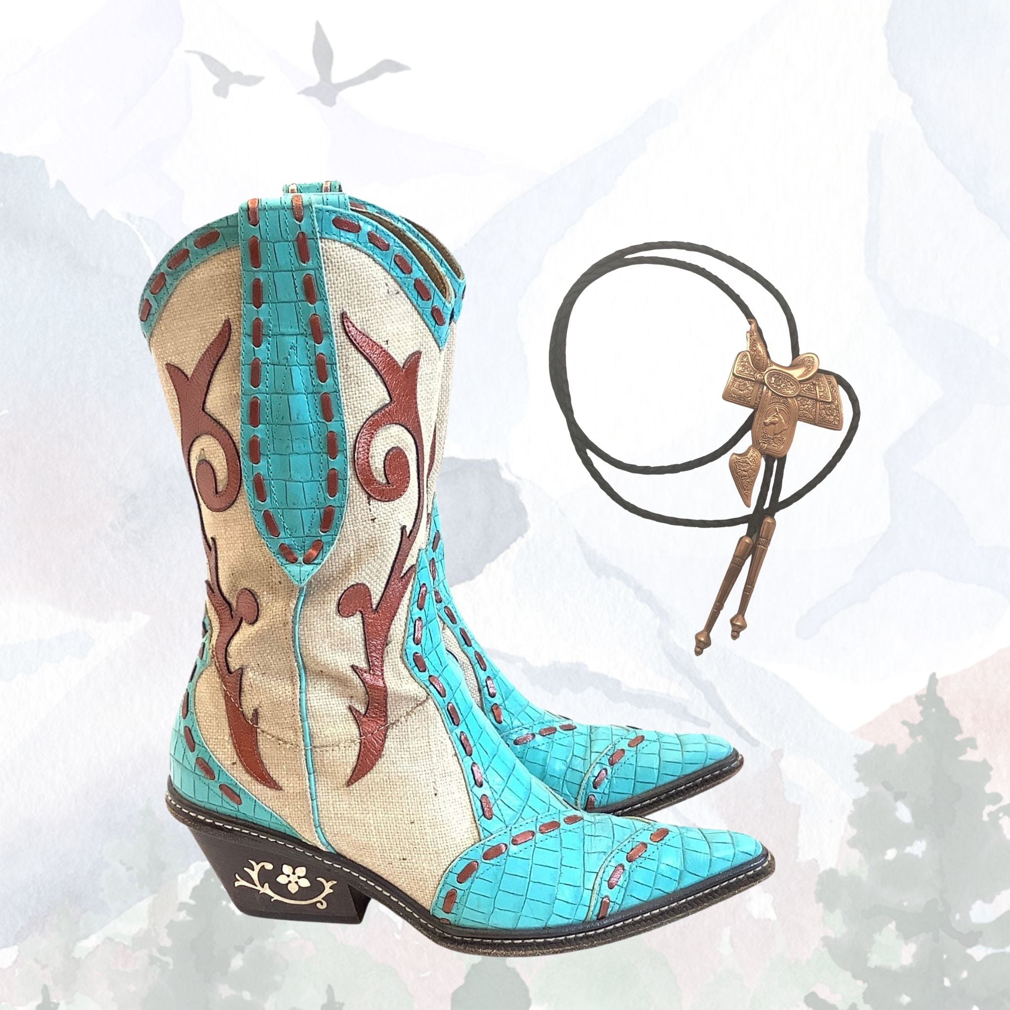 Embellished Women's Cowboy Boots and Western Bolo Tie