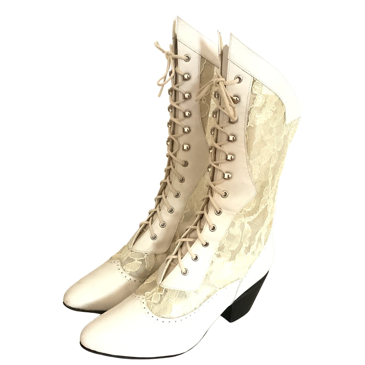 Side Right View Pair of white lace-up boots with decorative elements on a white background