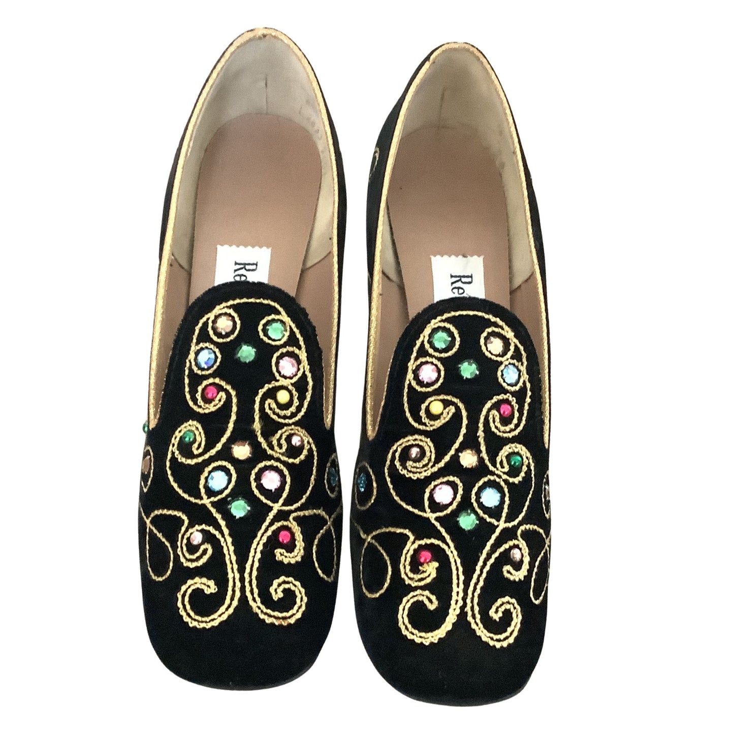 Realites vintage black velvet loafers front view with Pilgrim silhouette on white background