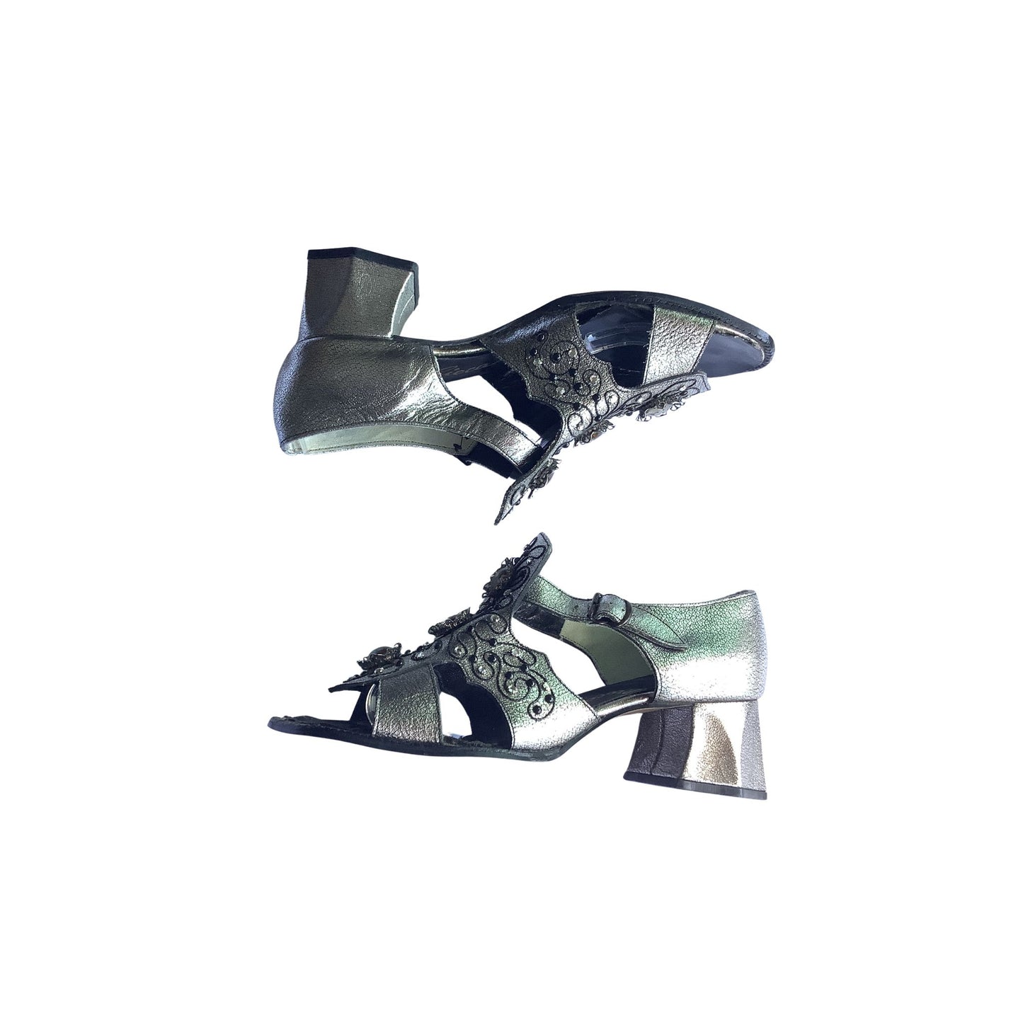 Vintage baroque embellished strappy heels editorial view
