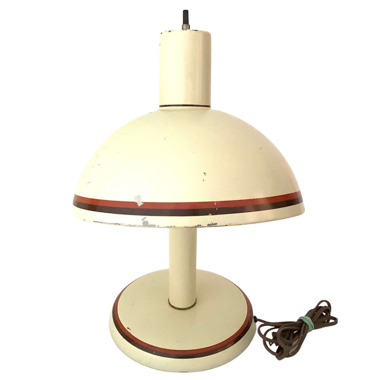 Bauhaus table lamp beige color with red and navy stripes top-front view