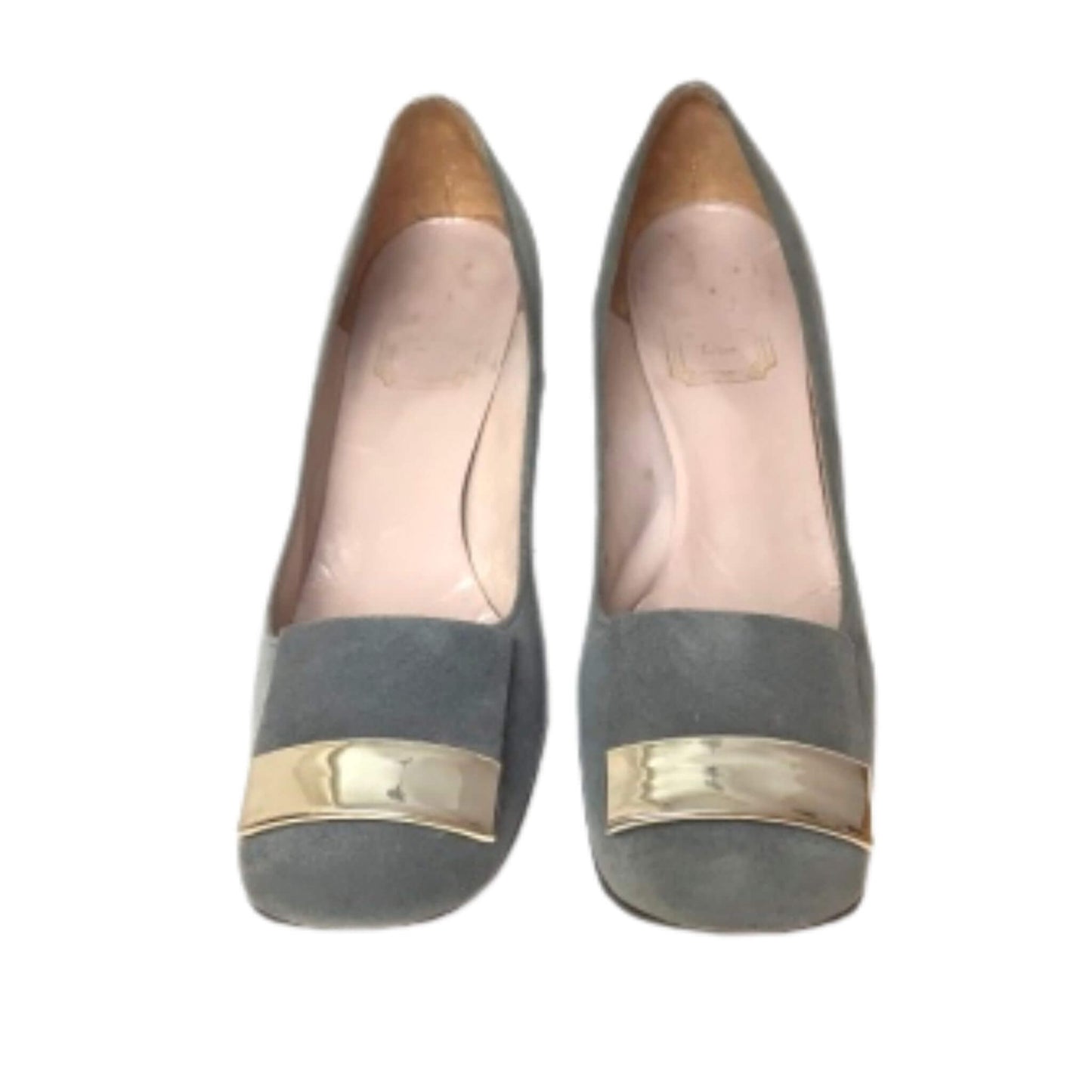 Christian Dior gray pump shoes with silver accents front view