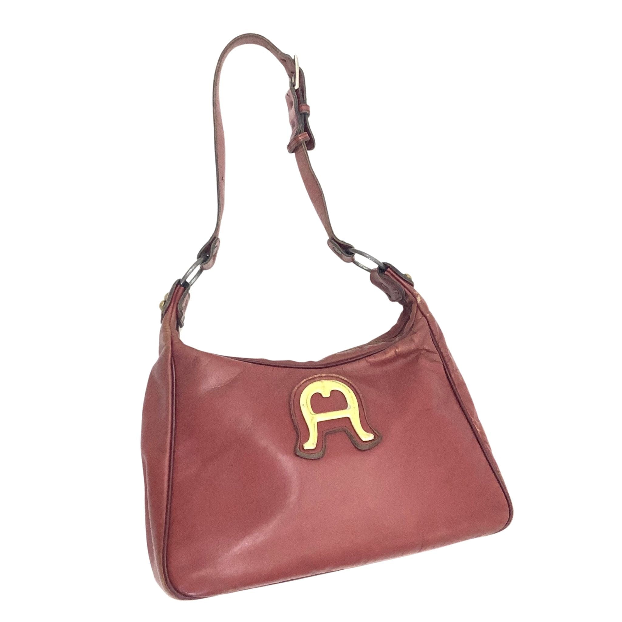 【ヴィンテージ】AIGNER アイグナー　高級ダレスバッグ バーガンディ鍵付本革 Etienne Aigner '80s Handbag Distressed Shoulder Bag Burgundy