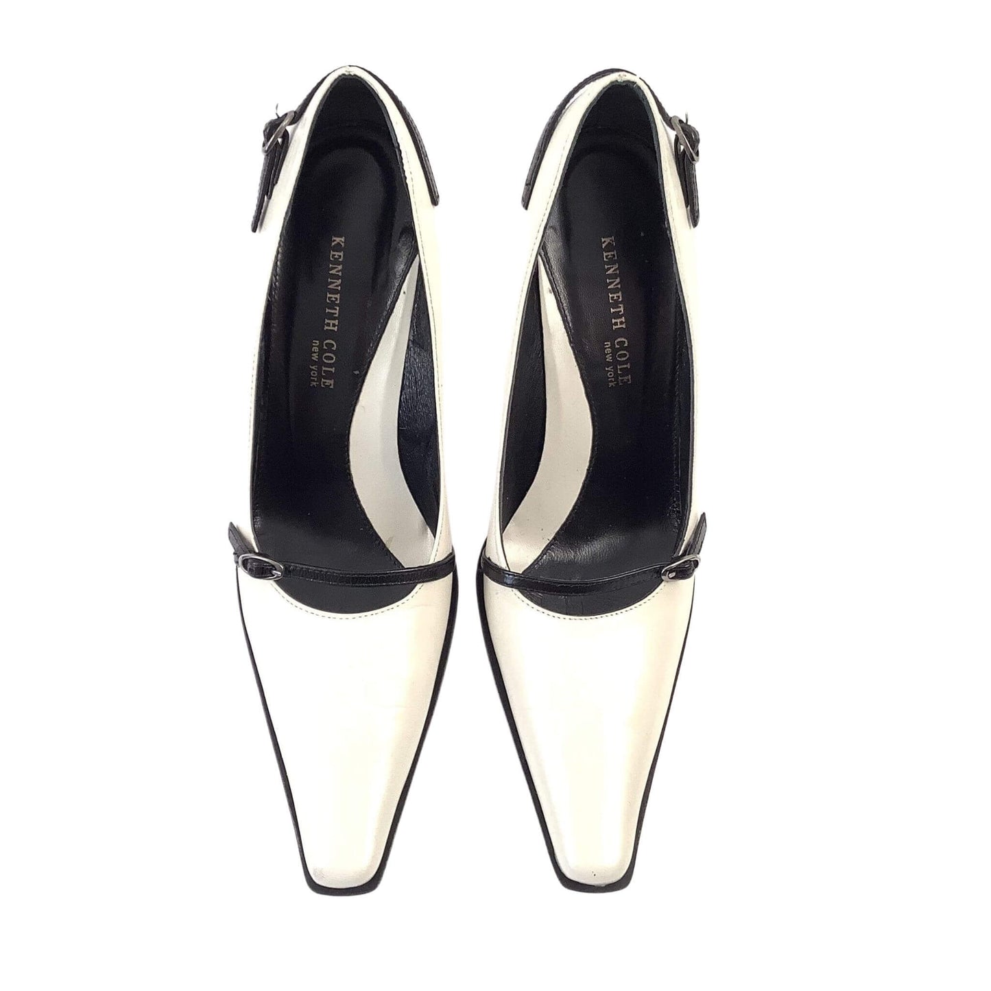 Pair of black and white heels top view