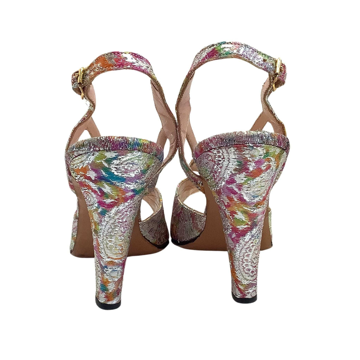 Vintage Lewis Design slingback heels, metallic purple psychedelic pattern, view of back view of heels.