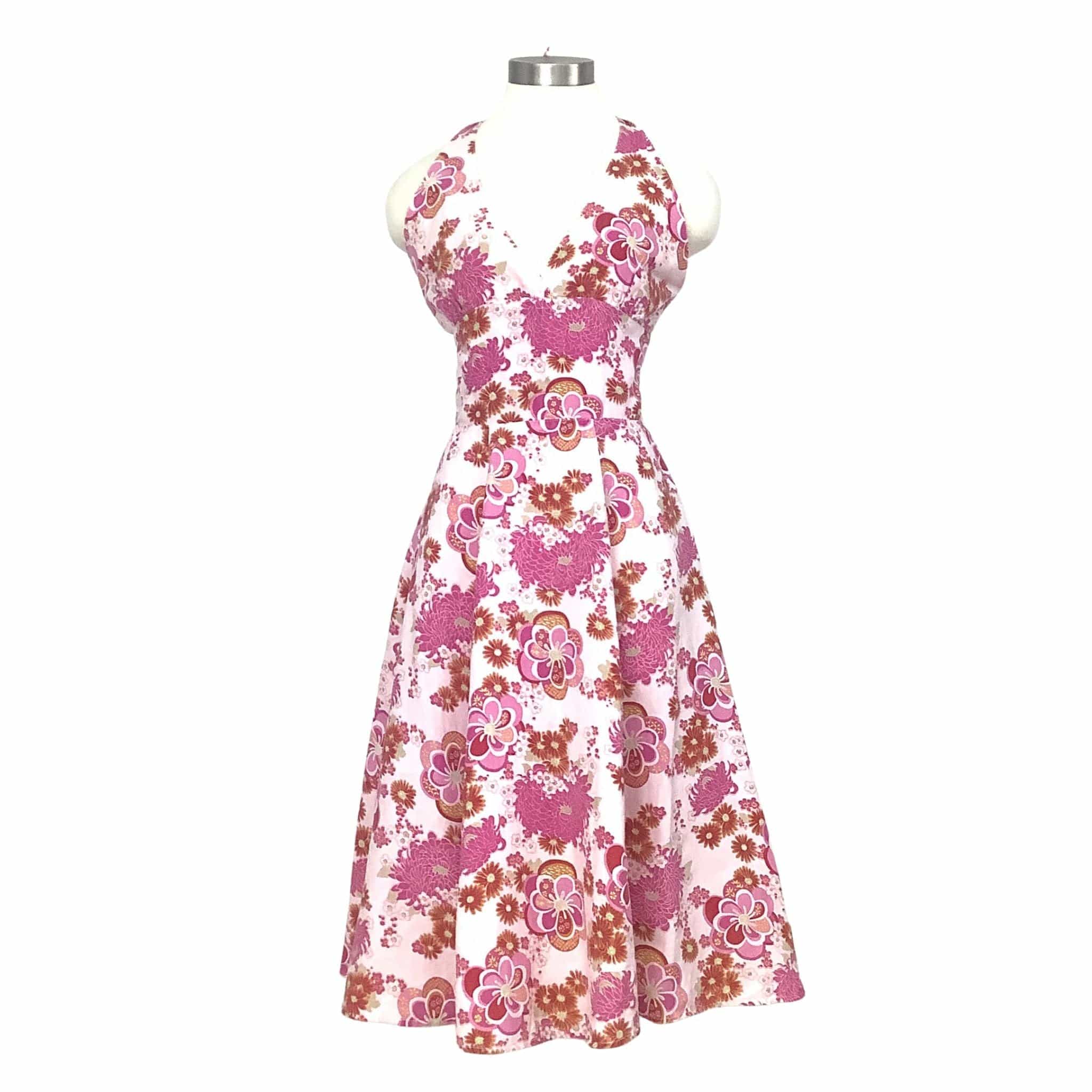 Linen Halter Dress 1980s - Color Me Cotton Pink Floral