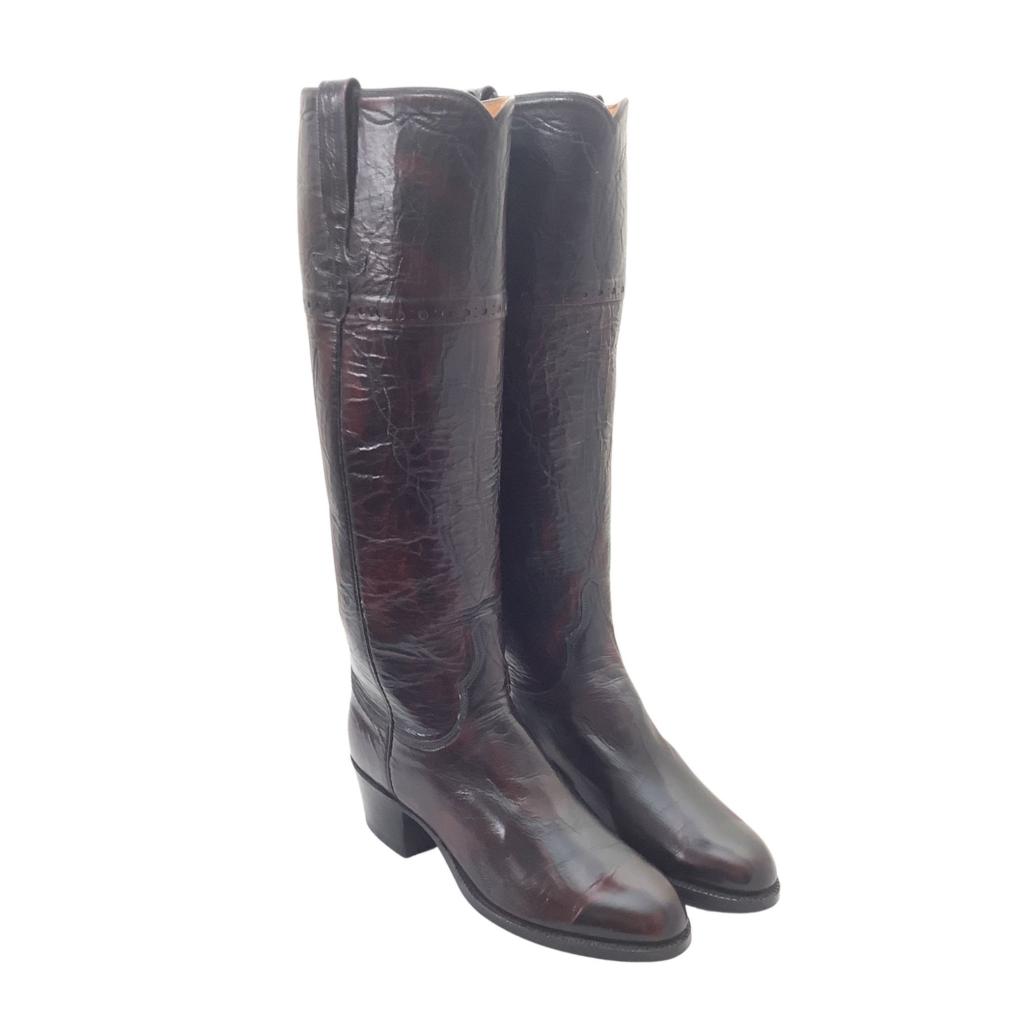 Women's vintage 1990s Lucchese tall boots with a glossy reddish-brown finish and block heel.