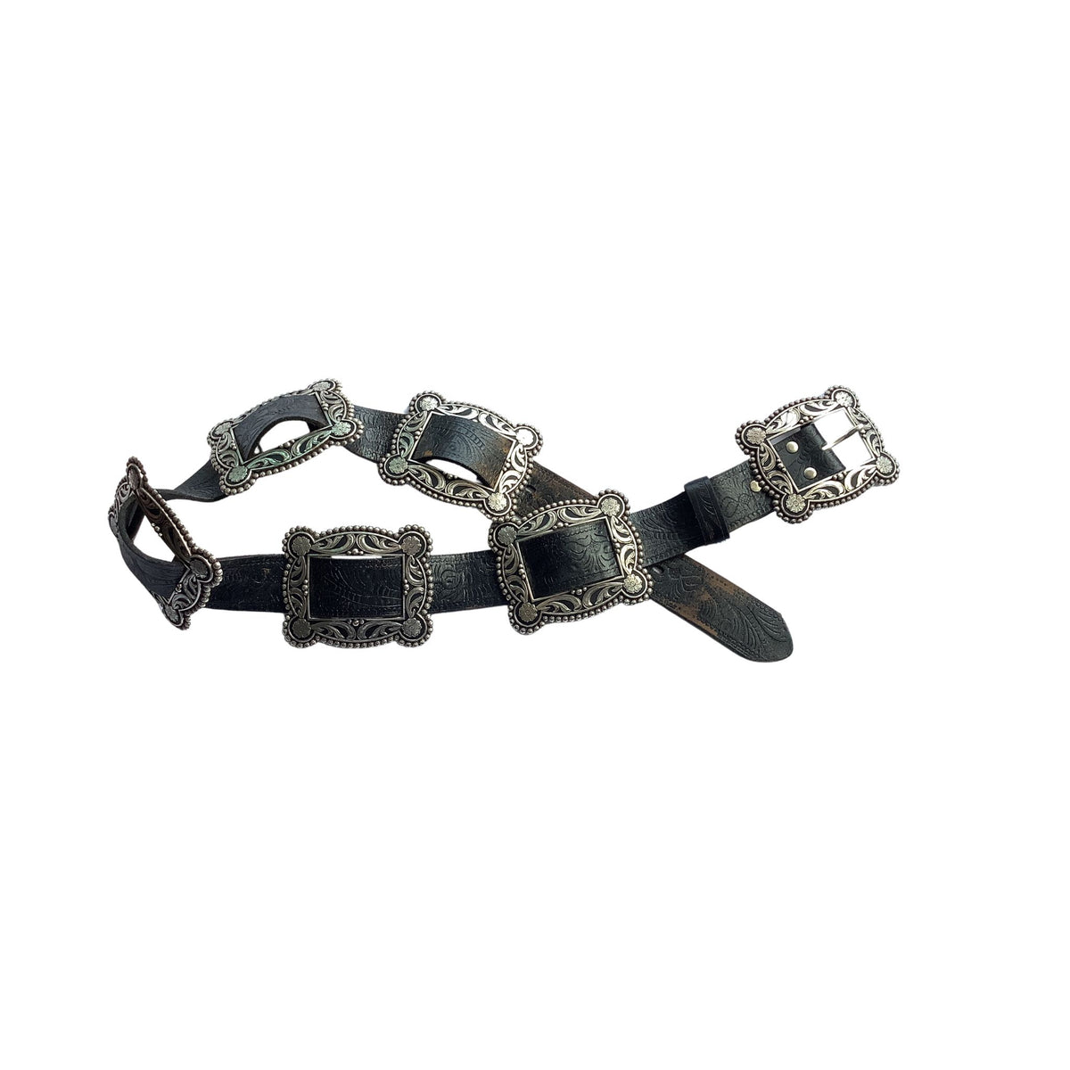A Nocona black leather belt with five ornate silver-tone concho buckles, displayed on a clean white background.