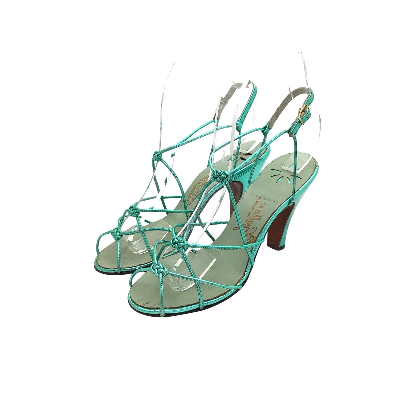 Turquoise-green high-heeled strappy Galliano heels