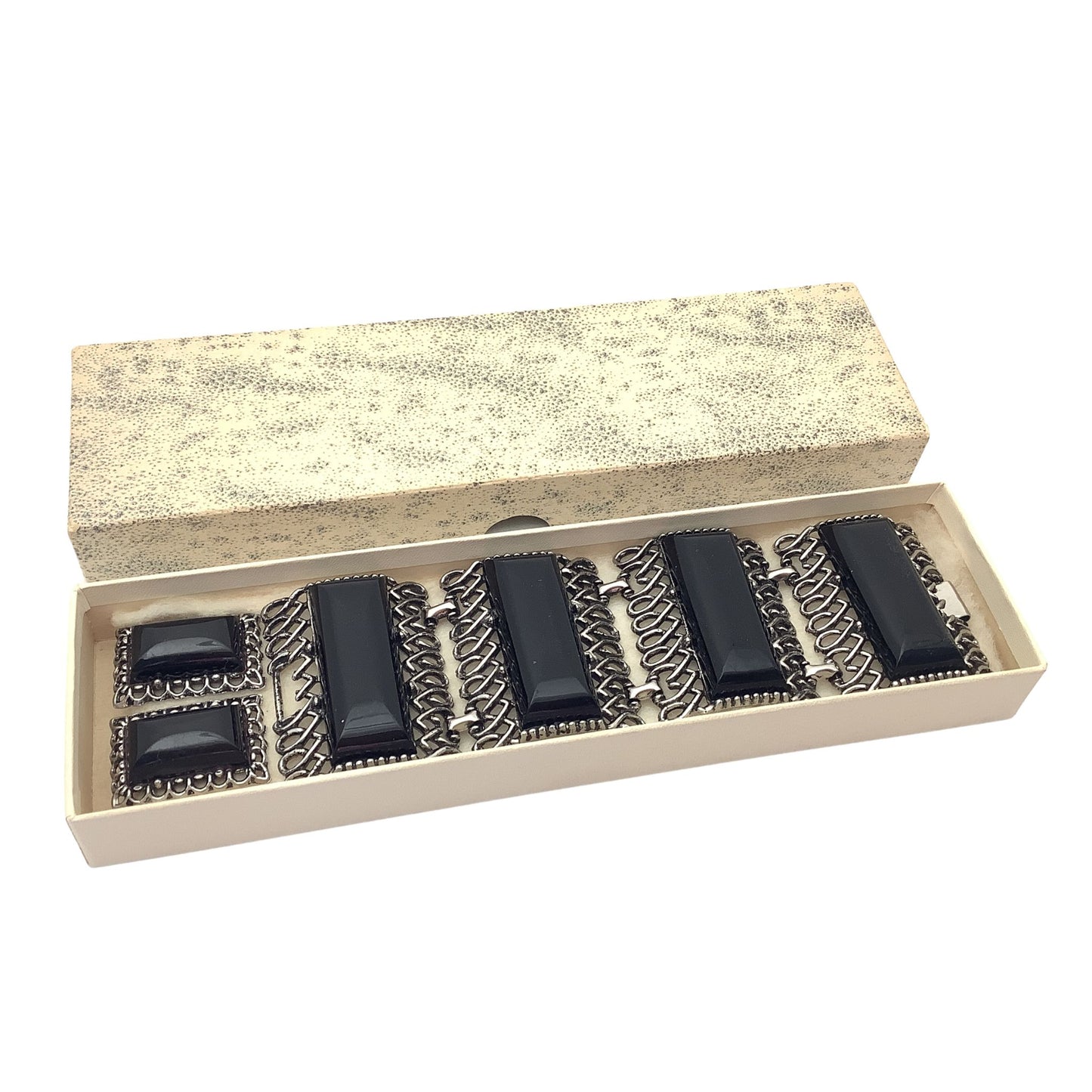 Vintage 1950s Faux Onyx Bracelet and Earrings set in a box