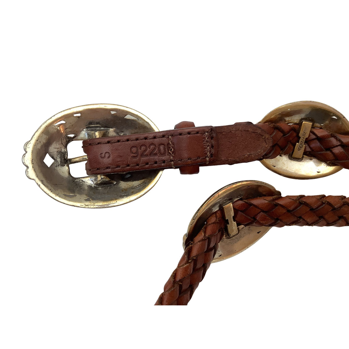 A brown braided leather belt with a large, scalloped antique gold-tone buckle, shown on a plain white background.