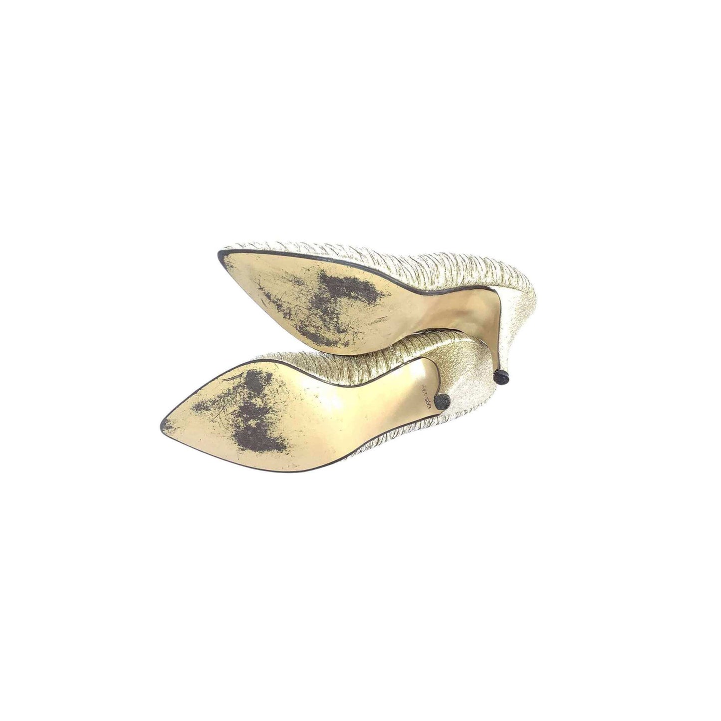 Wild Nights metallic gold pin-up heels view of soles on a white background