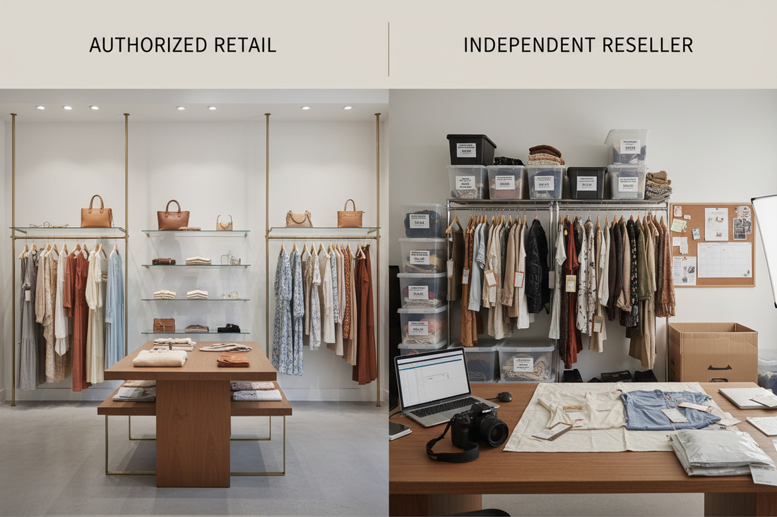 New with tags clothing comparison showing retail store versus reseller storage conditions