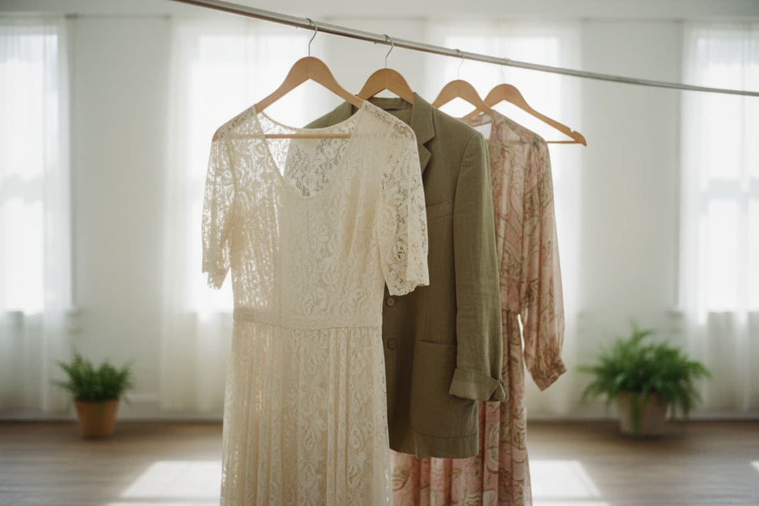 clothing rack with plants and draped windows 