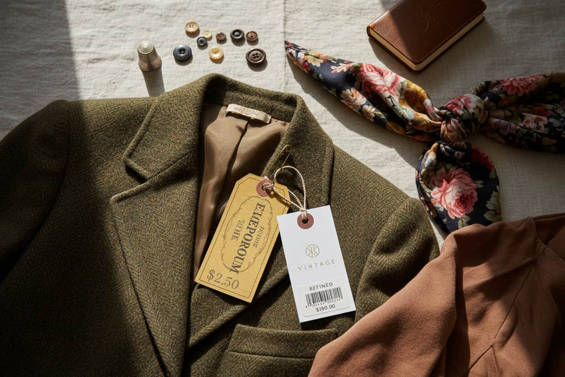 Jacket with price tags buttons and scarf