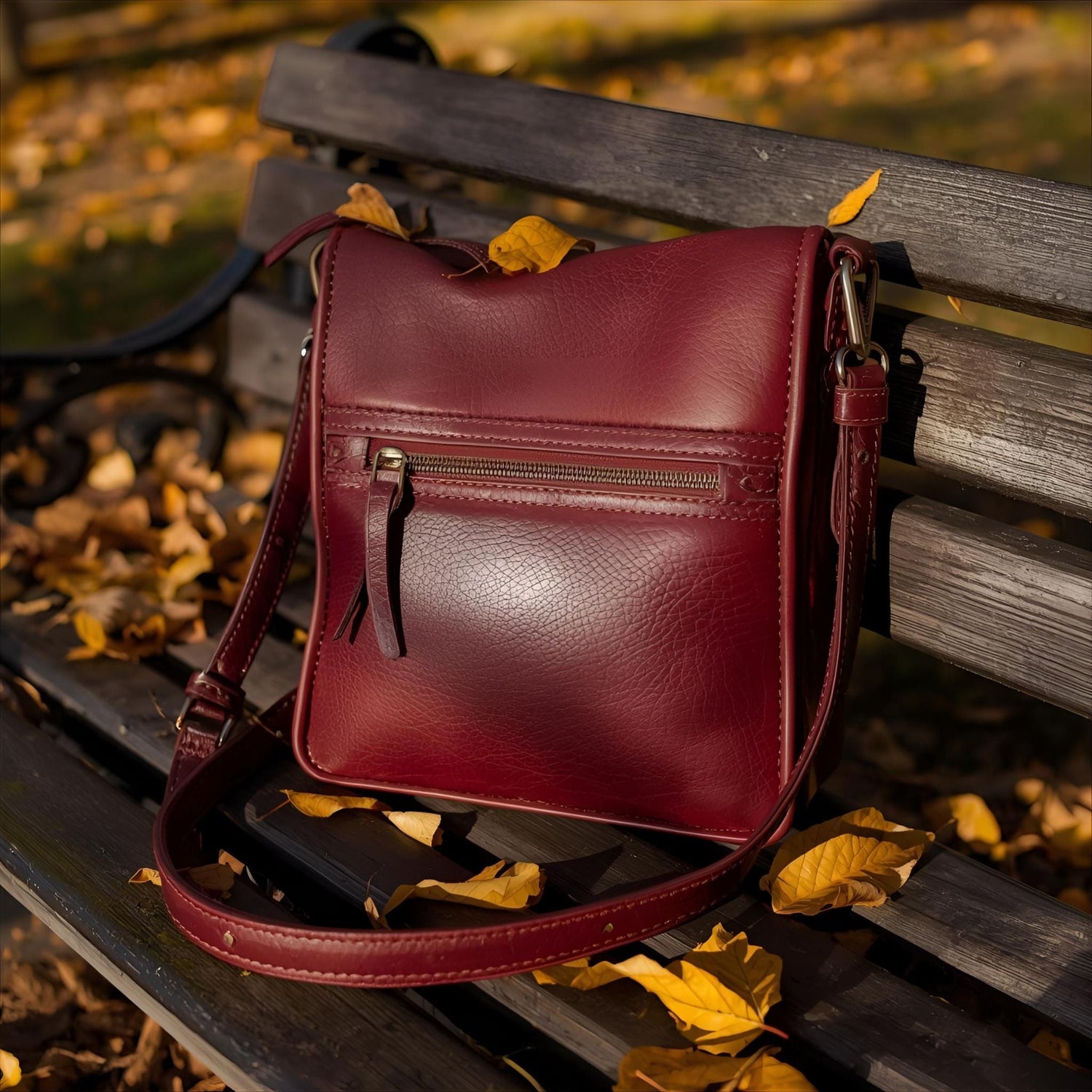 Burgundy Leather Crossbody Bag on Park Bench