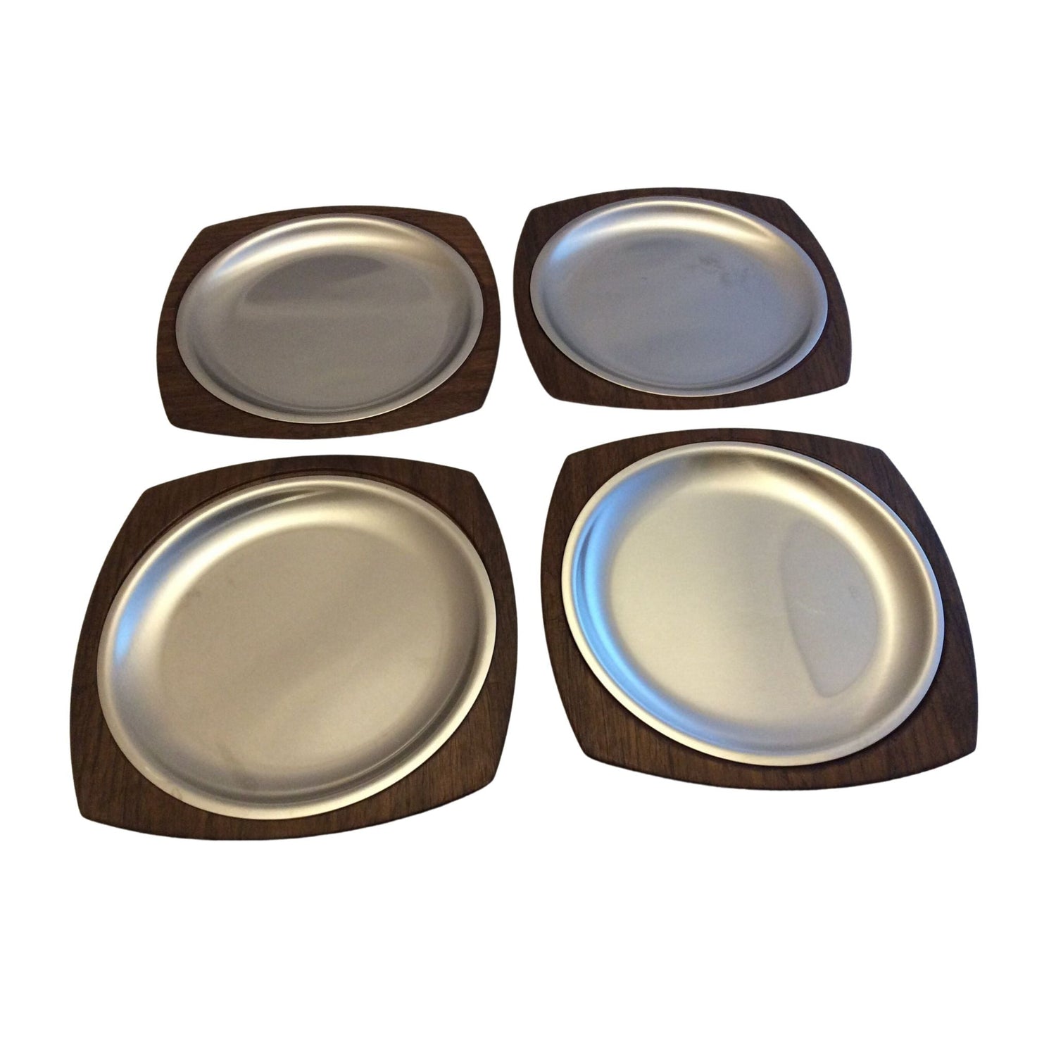 Mid Century Weavewood Teak and Stainless Plates