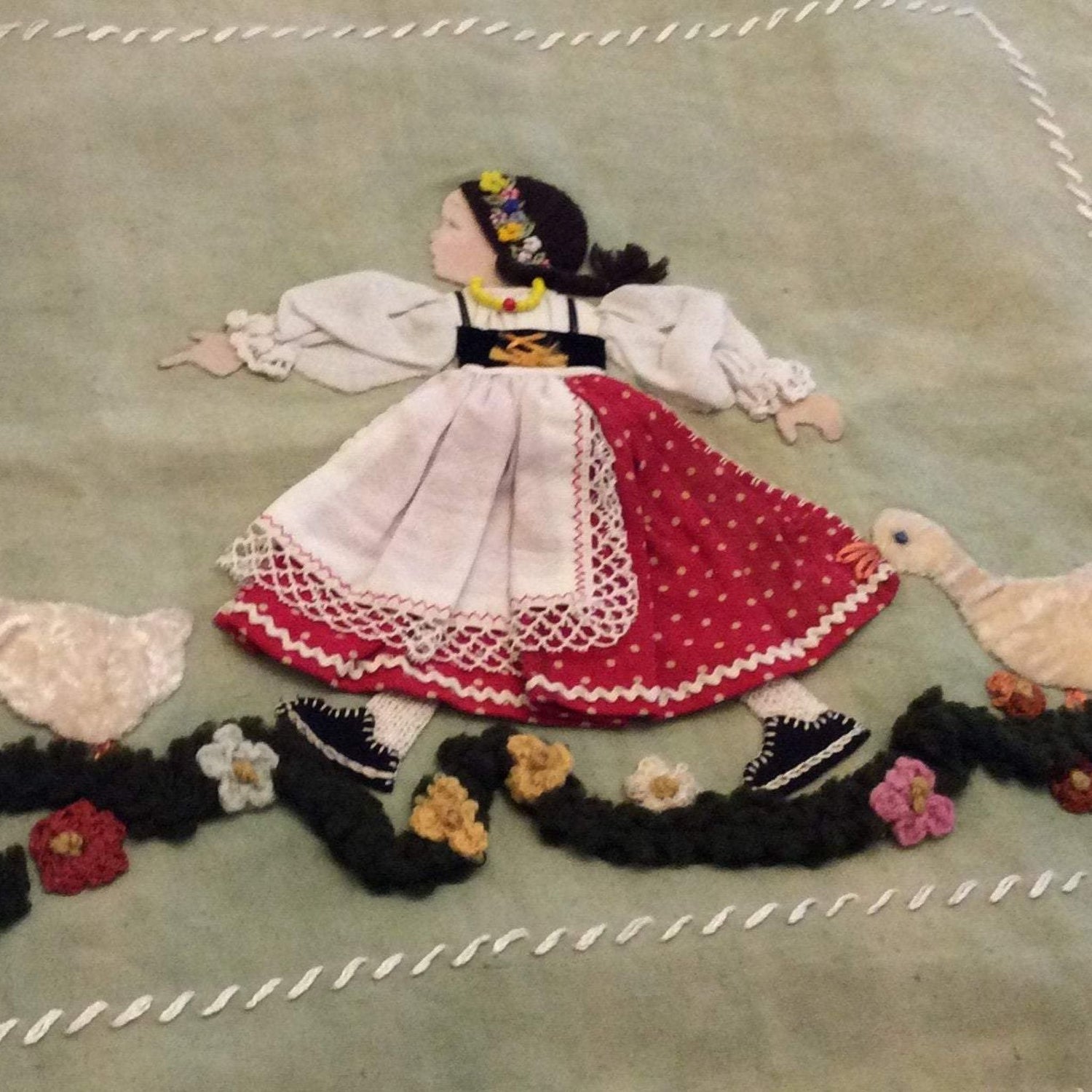 Antique Pillow Cover Applique Girl and Goose