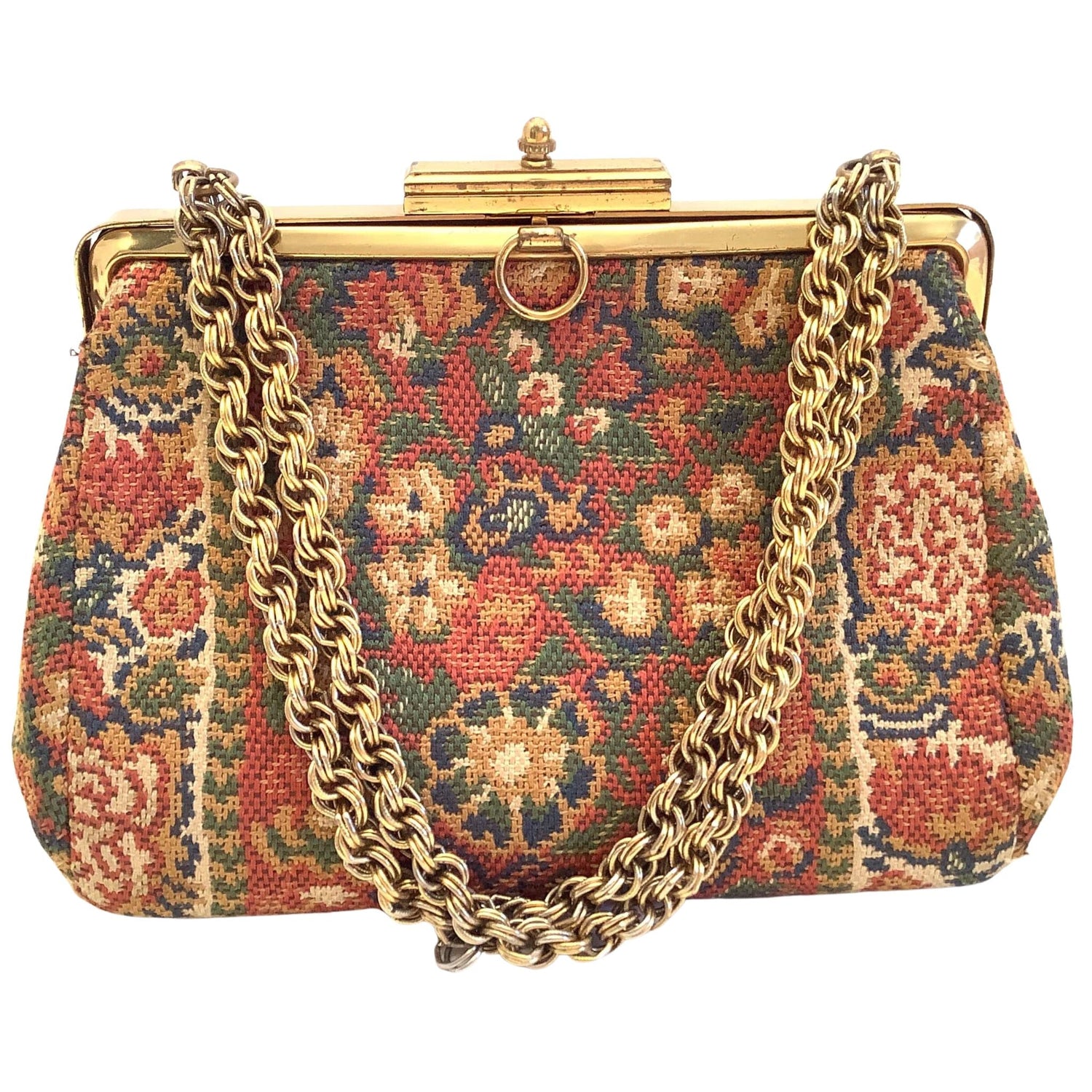 vintage tapestry purse with gold chain handle