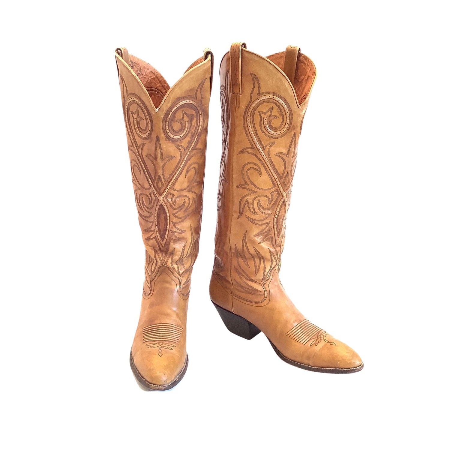 Women's Vintage Tall Cowboy Boots Tan Leather  