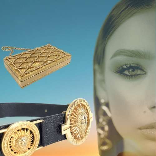 Women's half face belt with gold medallions and gold cosmetics bag