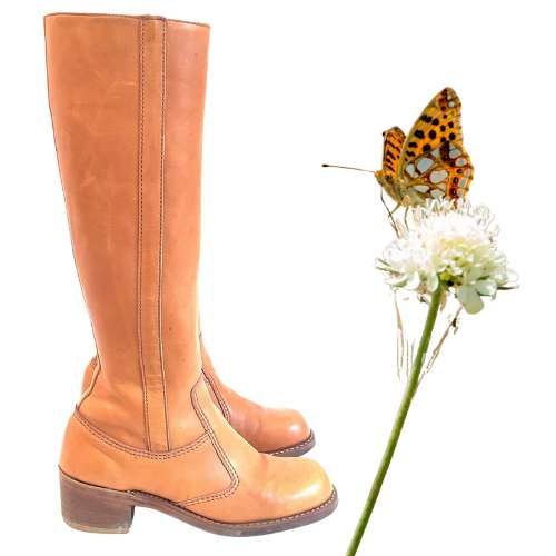 Women's Tan Campus Boots and a butterfly on a flower 