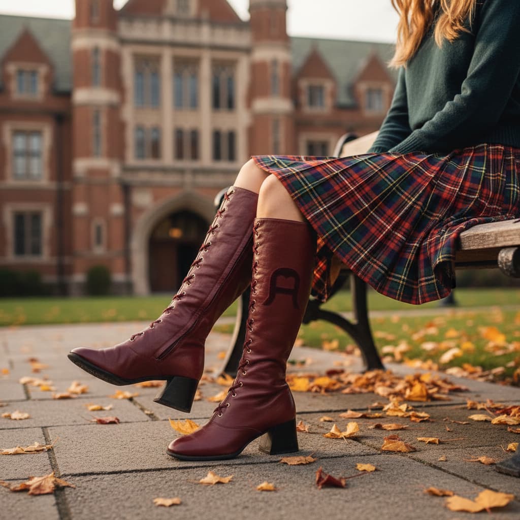 Woman sitting at college bench wearing Etienne Aigner vintage boots
