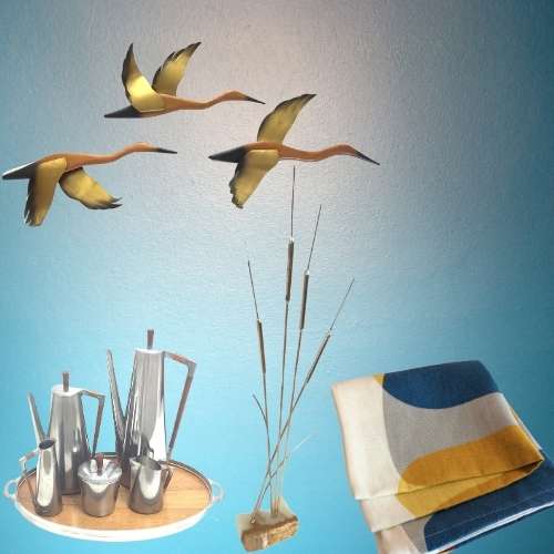 collage of mid century decor pieces on blue background