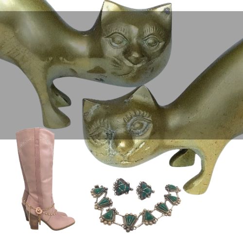 Collage of two brass cats women's pink western boots and bracelet earrings set 