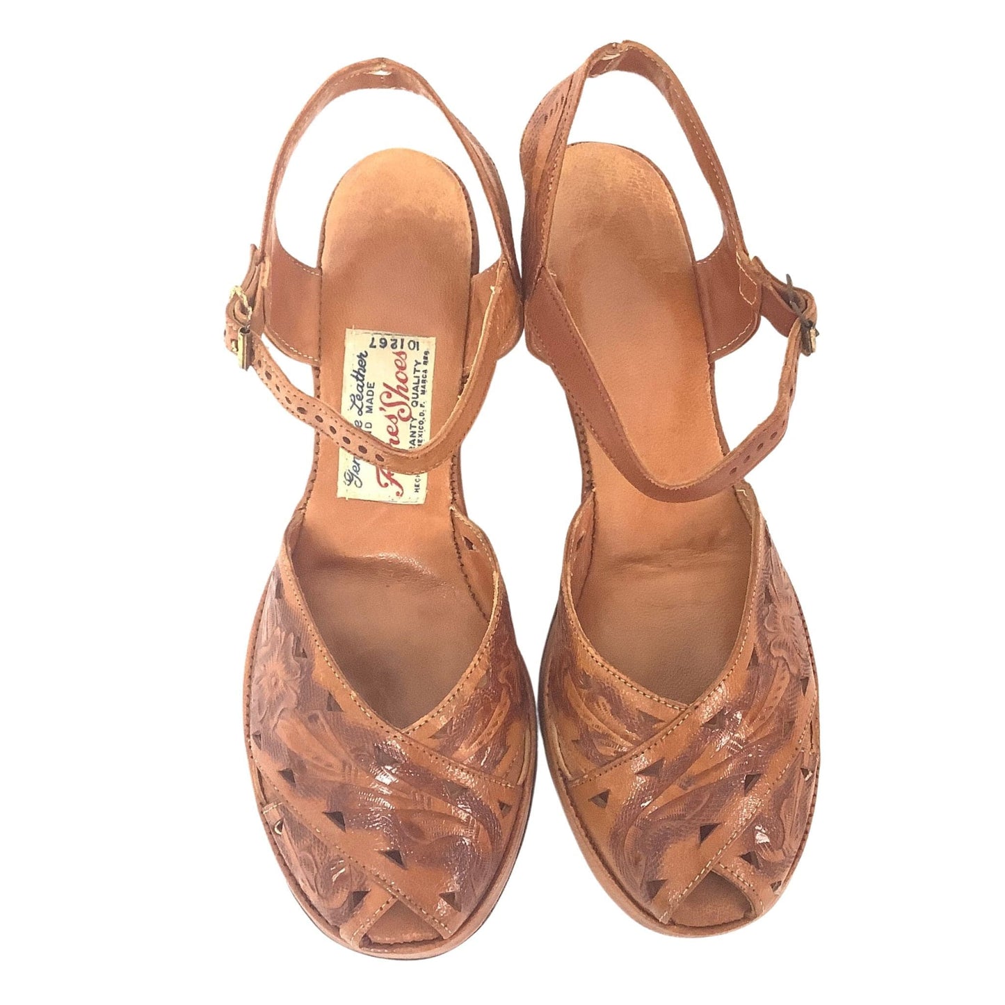 1930s Tooled Leather Sandals 6.5 / Tan / Vintage 1930s