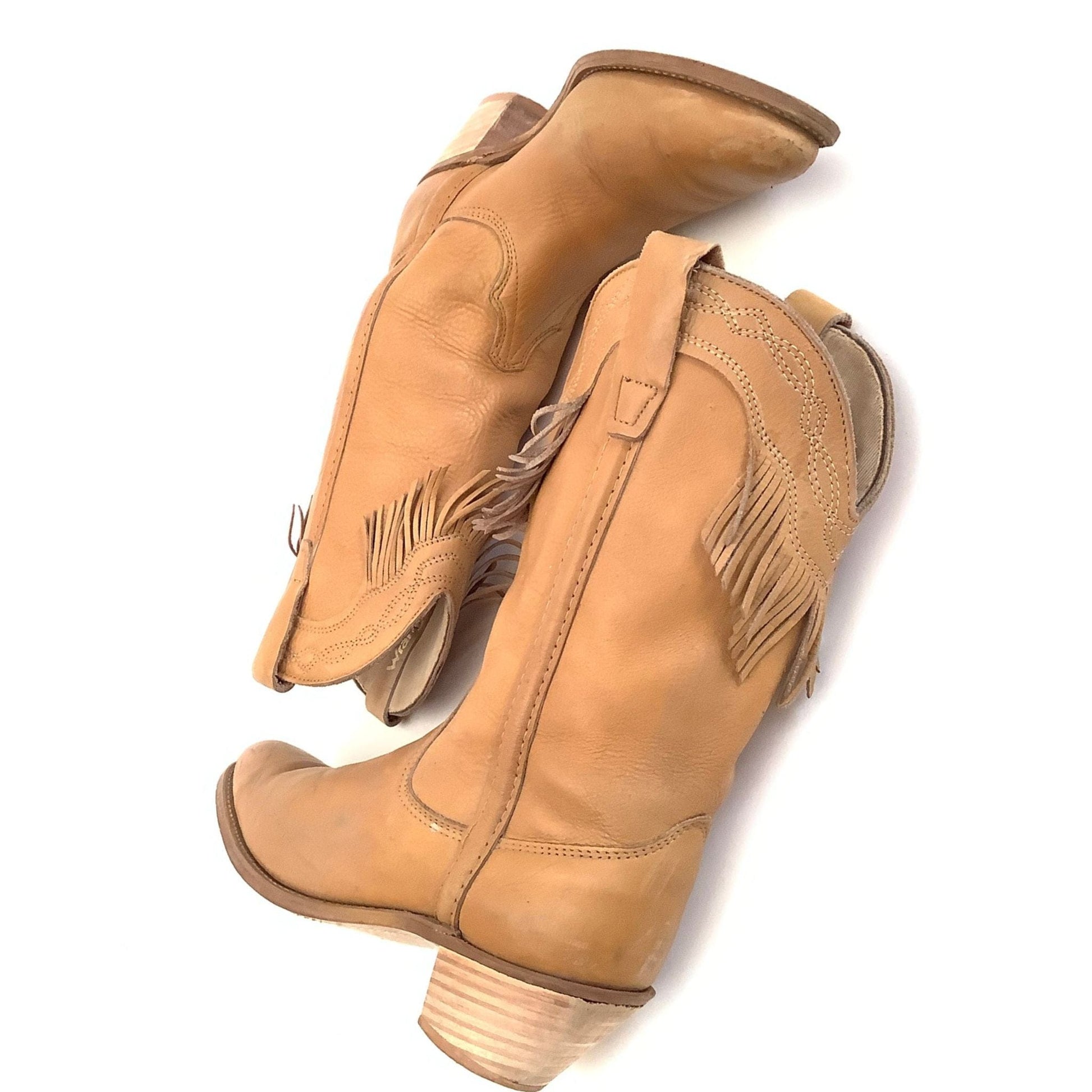 1970s Fringed Cowboy Boots 8 / Tan / Vintage 1970s
