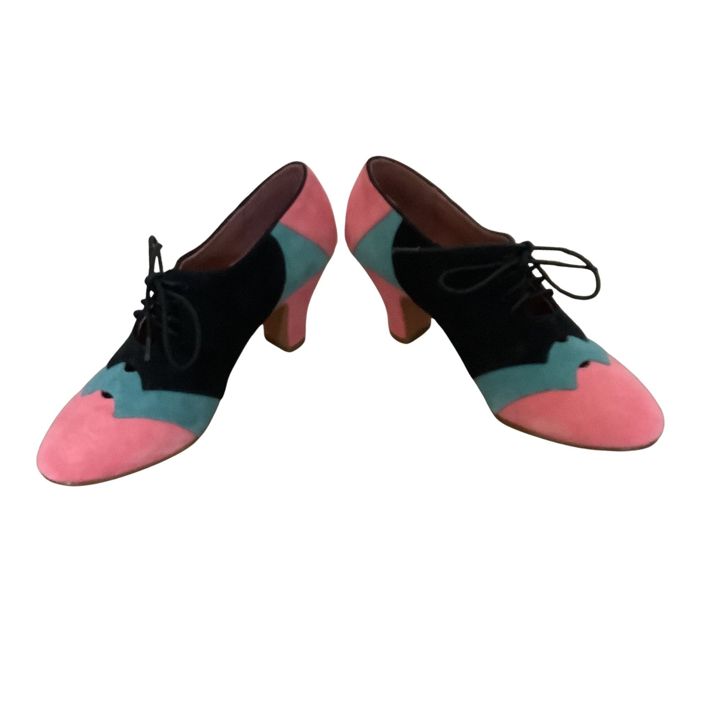 American Duchess multicolor heels front and side view with Art Deco design on white background