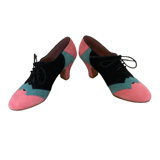 American Duchess multicolor heels front and side view with Art Deco design on white background