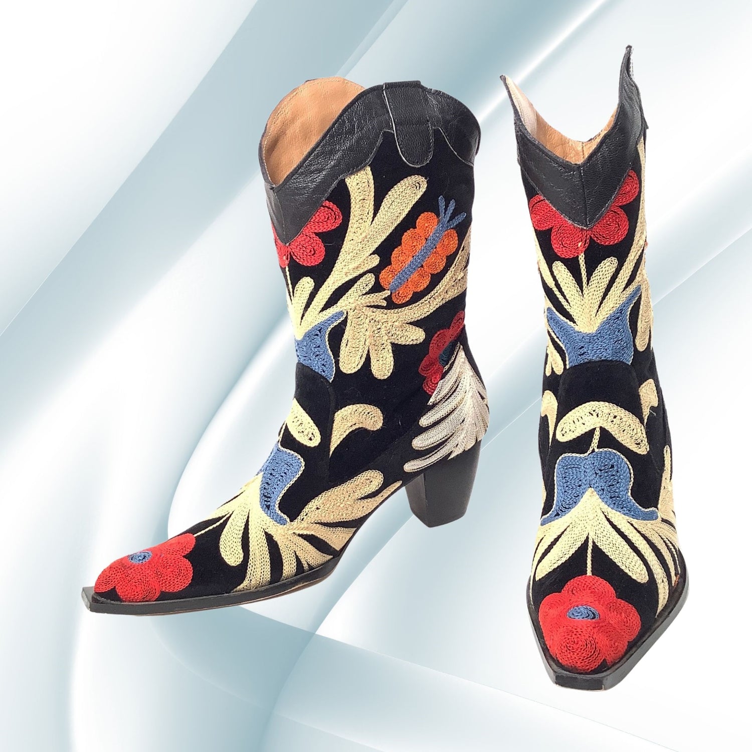 Vintage Colorful Embroidered Cowboy Boots Bold Floral Pattern