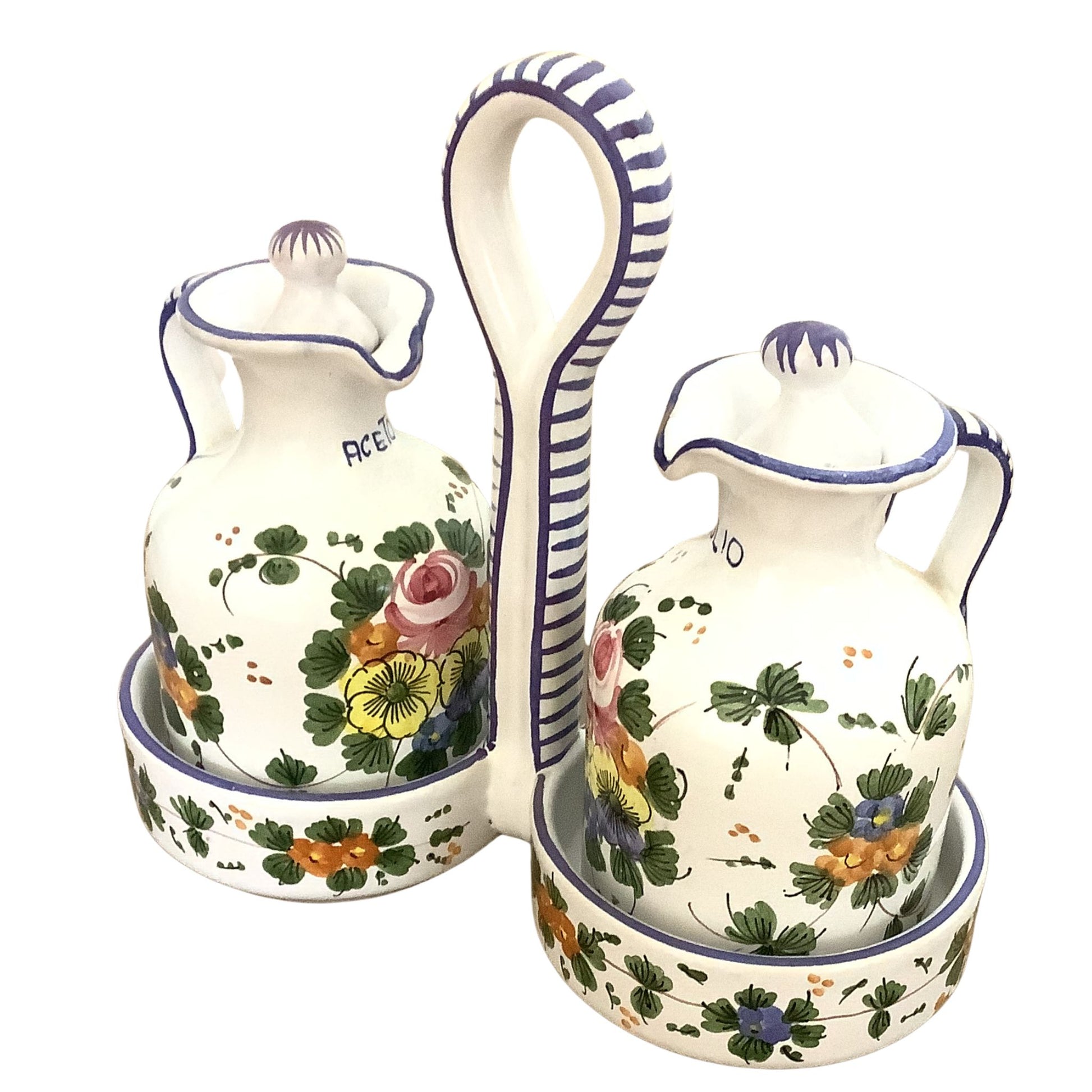 Italian Ceramic Cruet Set right-side view with floral designs on a white background