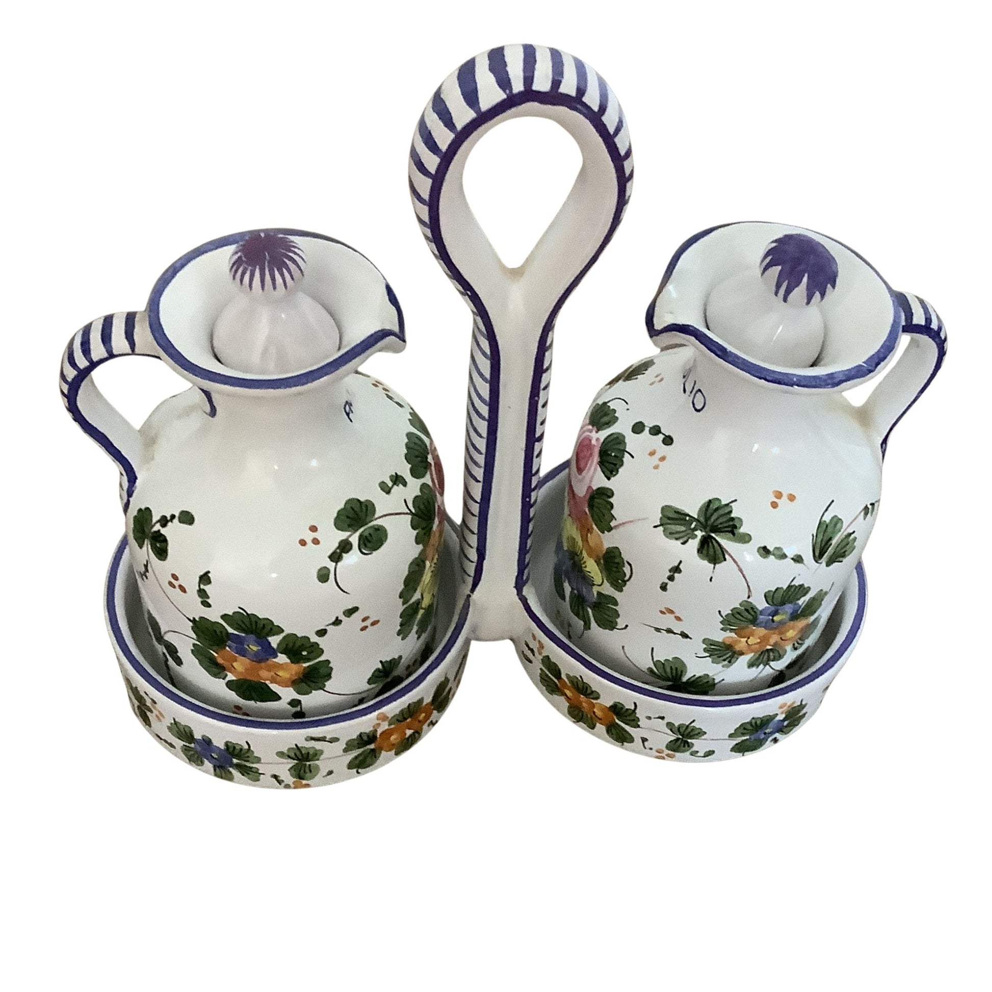 Italian Ceramic Cruet set top side view with floral design on a white background