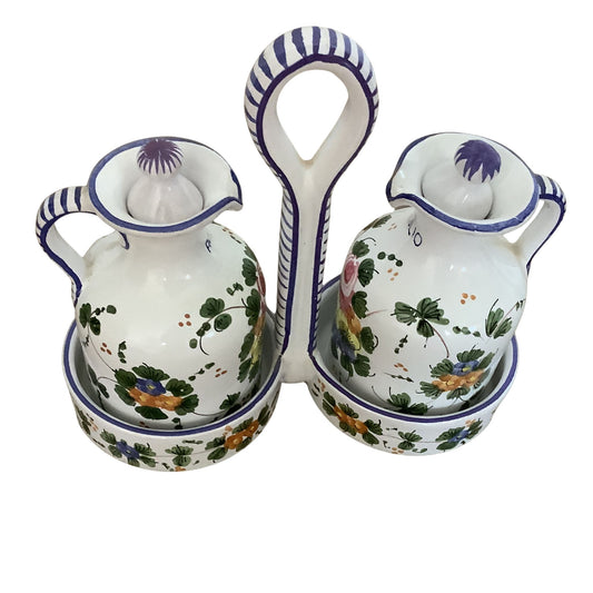 Italian Ceramic Cruet set top side view with floral design on a white background