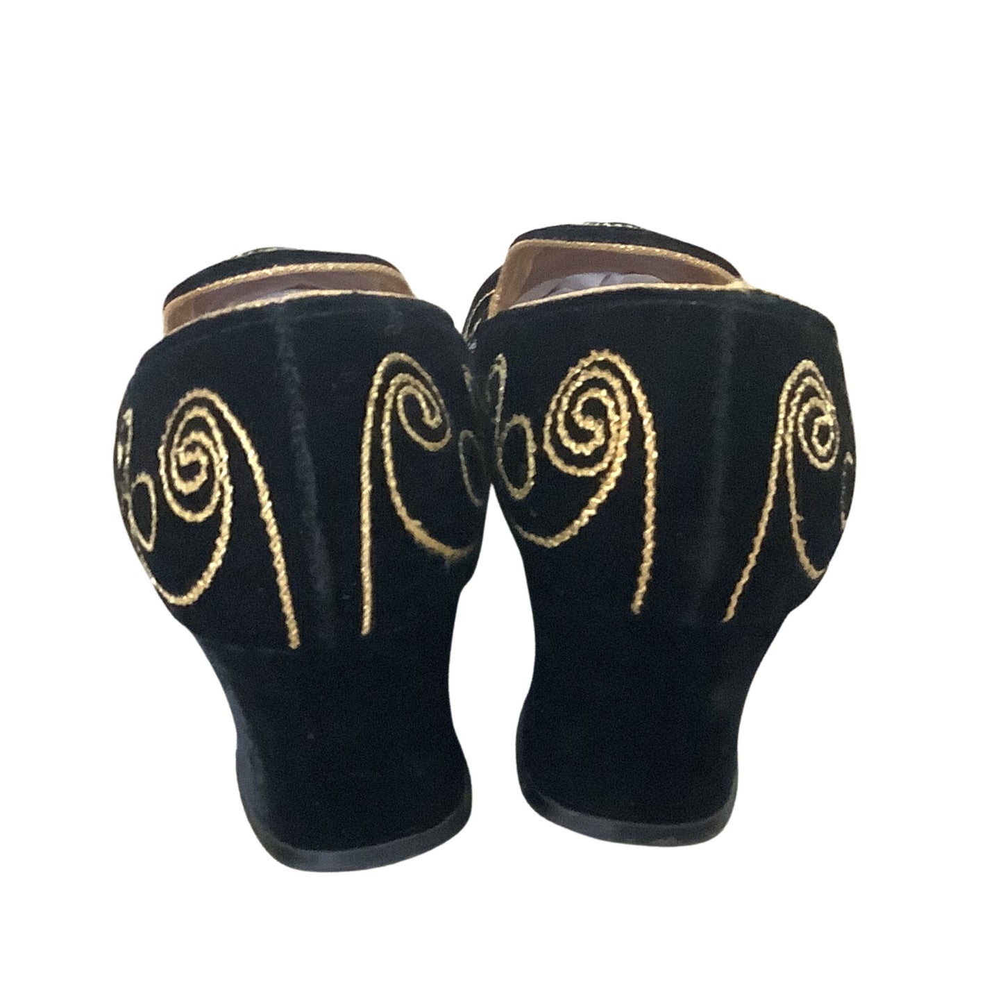 Realites vintage black velvet loafers back view with block heel on white background