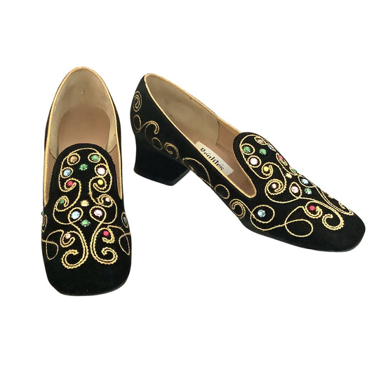 Realites vintage black velvet loafers front side view with Pilgrim silhouette on white background