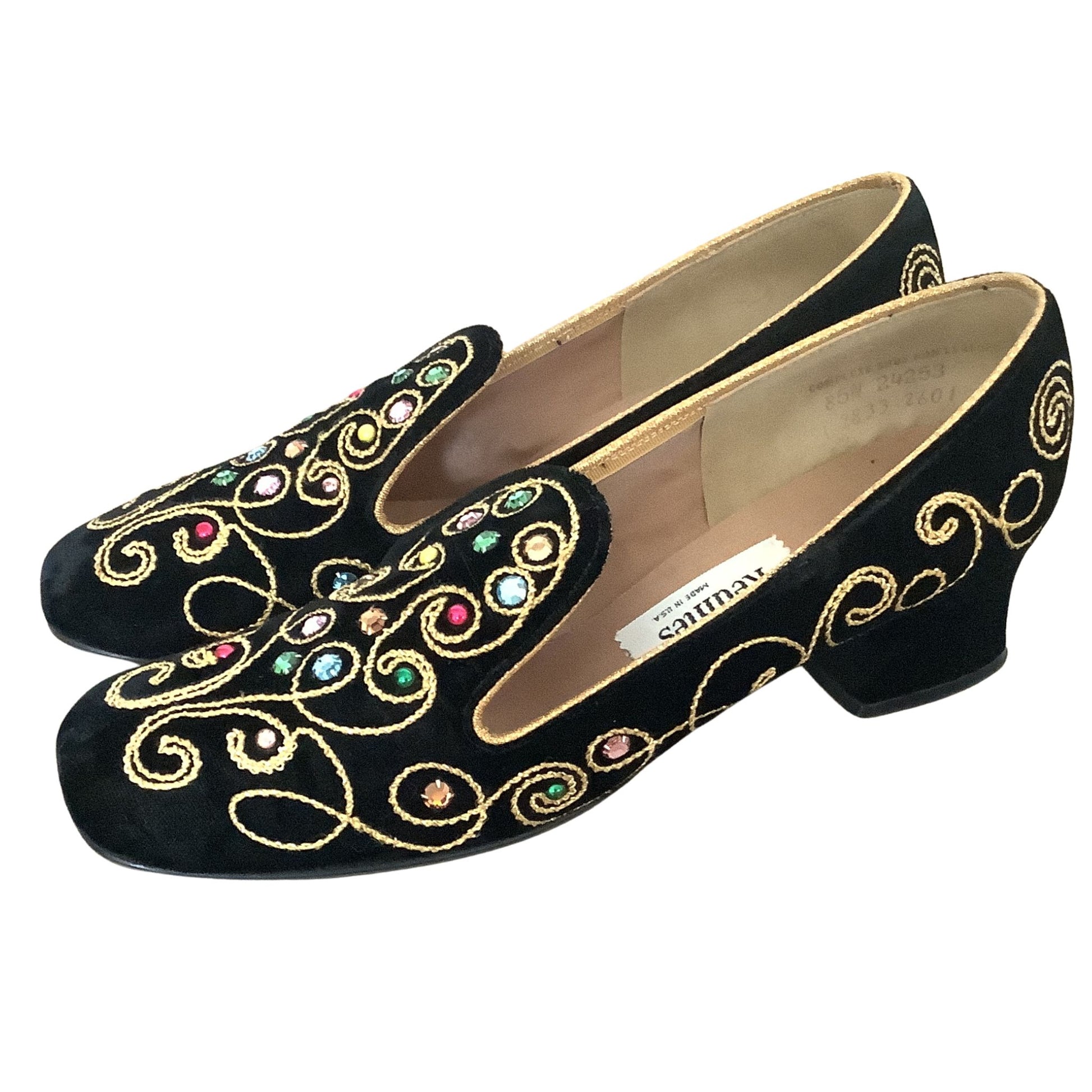 Realites 1950s black velvet loafers right side profile showing embellished details on white background