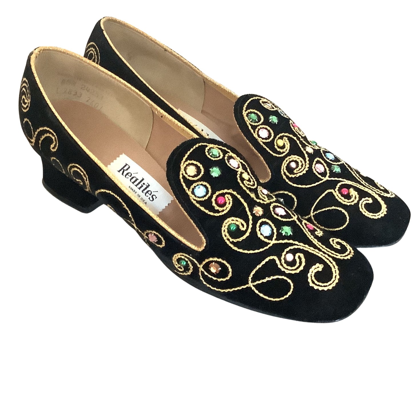 Realites 1950s black velvet loafers left side view with decorative beading on white background