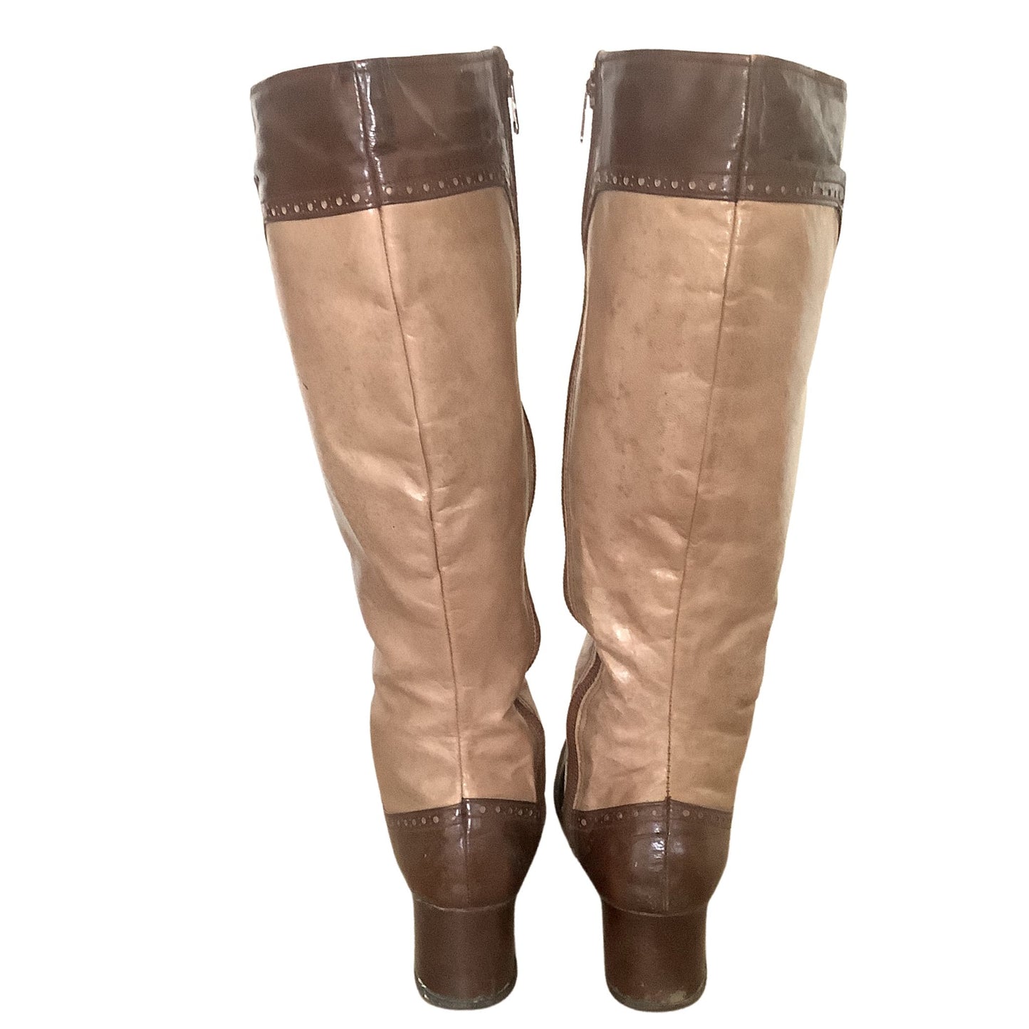 Alpine vintage steampunk boots back view showing block heel design on white background