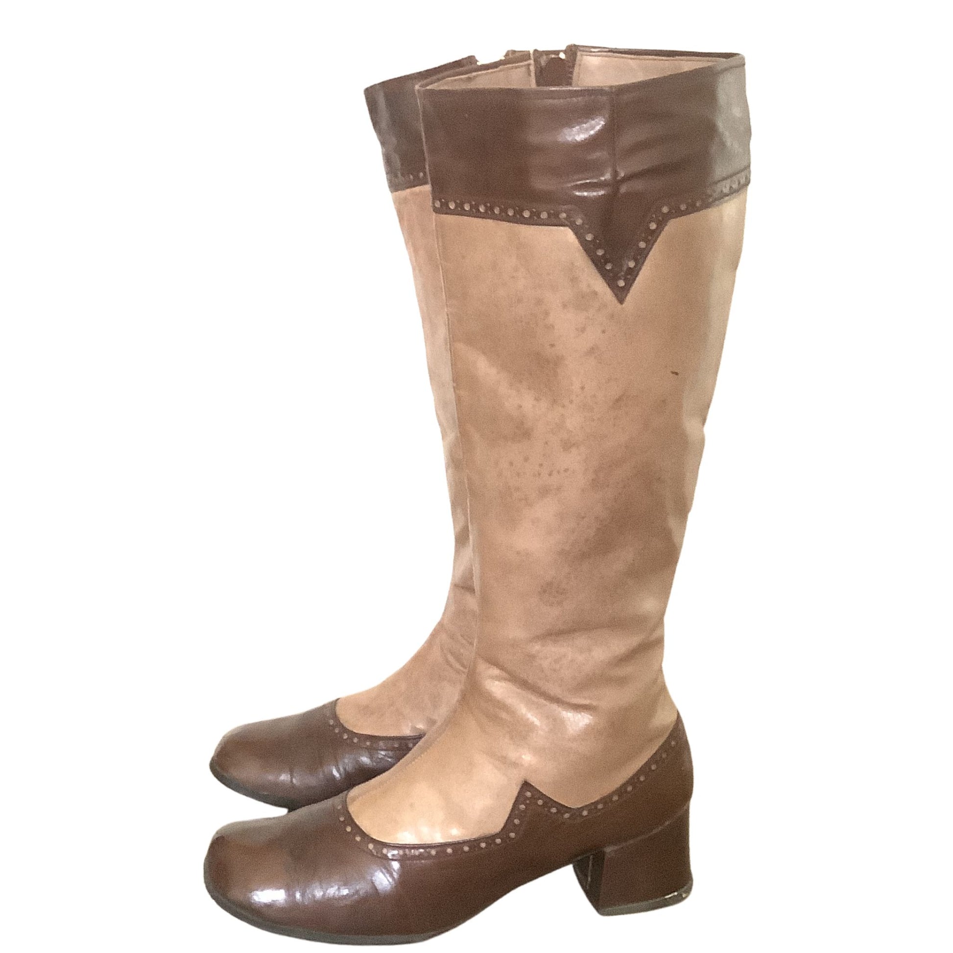 Alpine vintage steampunk boots left side view with brown leather construction on white background