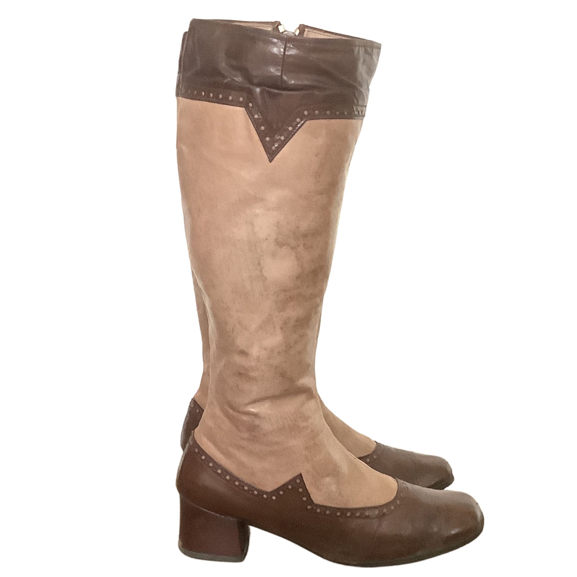 Alpine vintage steampunk boots right side view with brown and taupe accents on white background