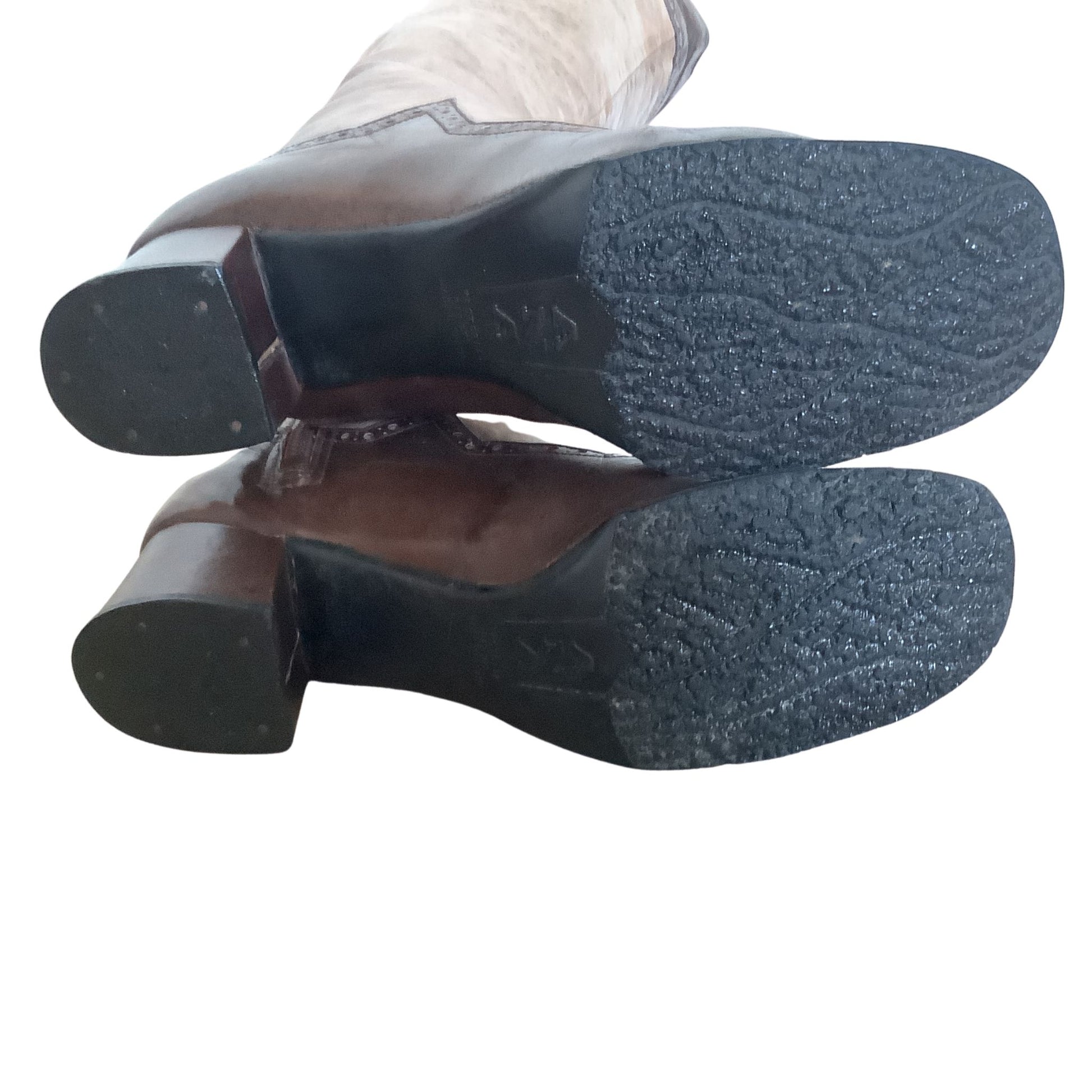 Alpine vintage steampunk boots sole bottom view showing construction on white background