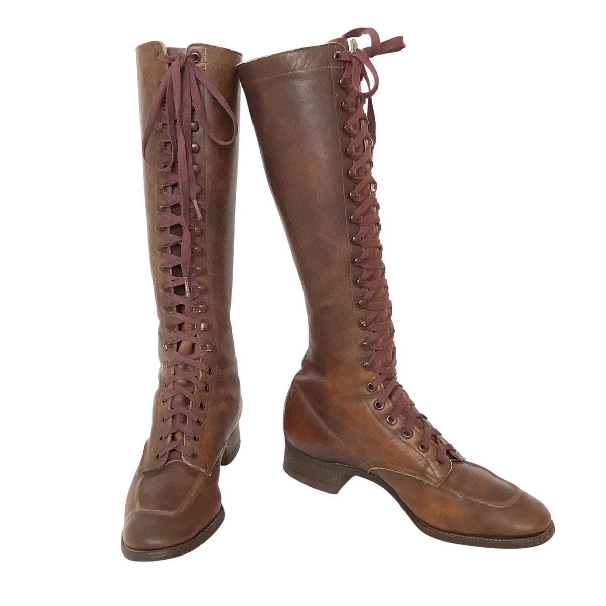 Antique Lace-up Women's Boots Brown Leather Flat Heel.