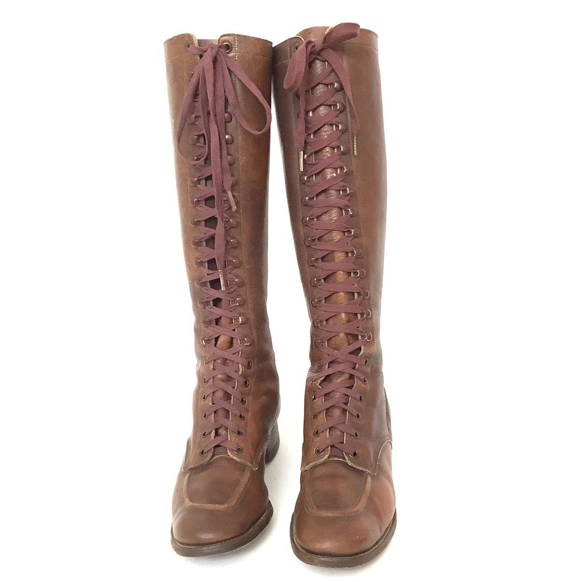 Front view of Antique Lace-up Women's Boots Brown Leather Flat Heel.