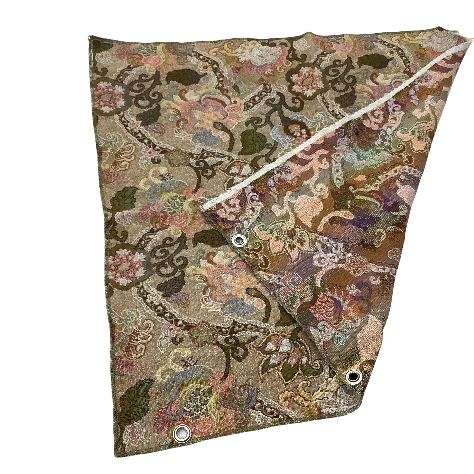 Vintage Art Nouveau woven fabric sample featuring an intricate elegant floral pattern in muted earth tones of brown, beige, green, and pink, finished with silver metal grommets at the corners.