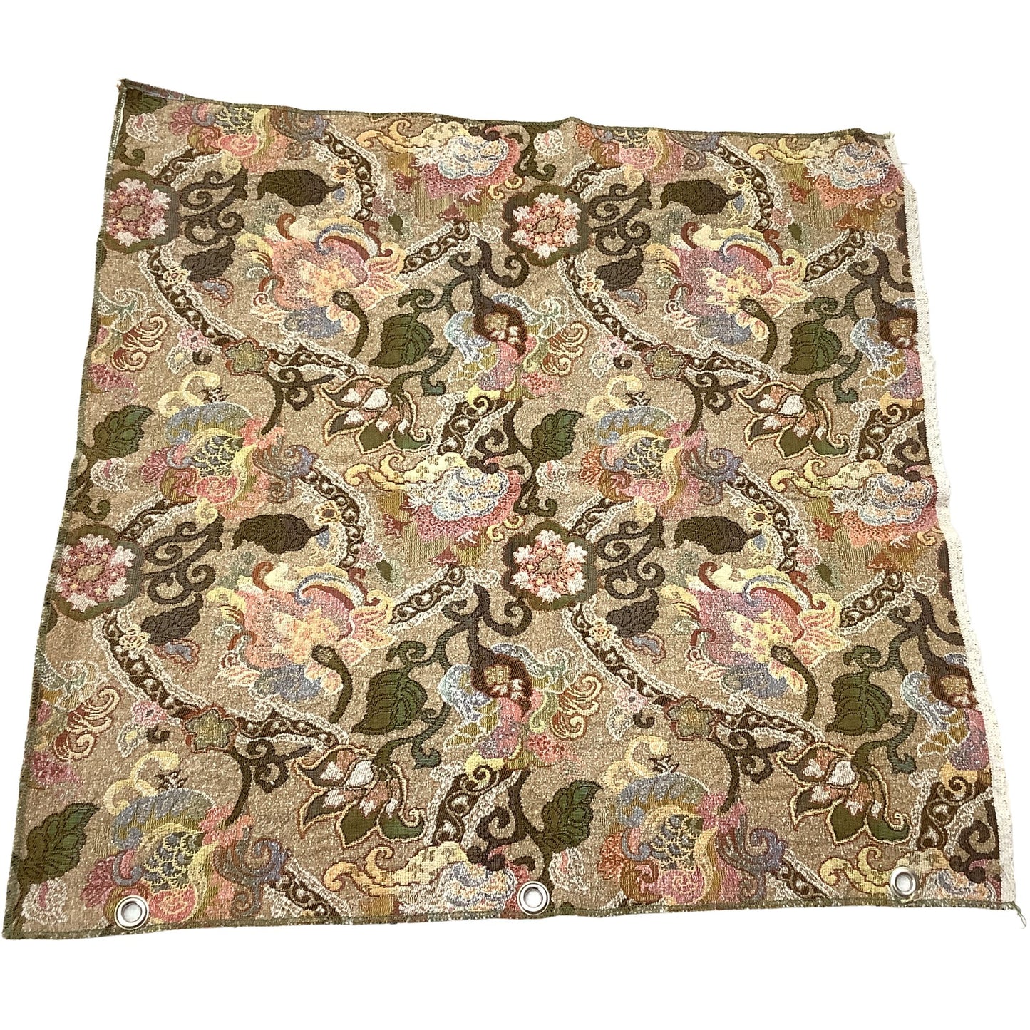 Front view of a textile vintage fabric sample in Art Nouveau pattern in beige, brown, pink, green, and blue, featuring metal grommets on the bottom edge.
