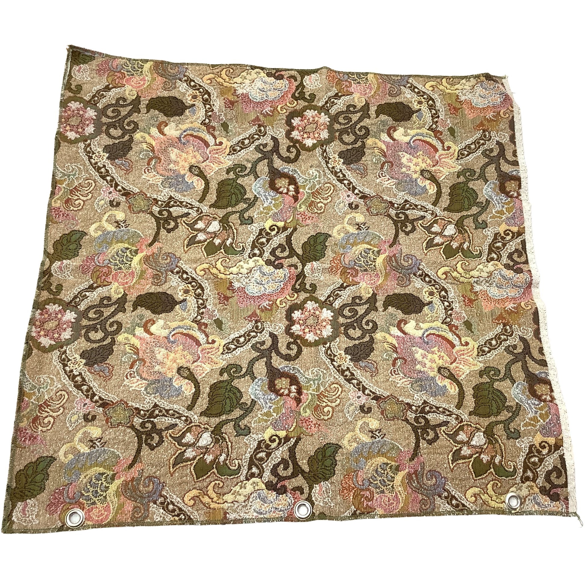Front view of a textile vintage fabric sample in Art Nouveau pattern in beige, brown, pink, green, and blue, featuring metal grommets on the bottom edge.